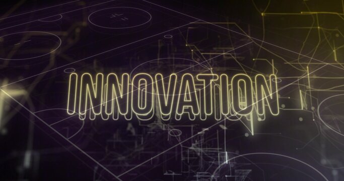 Displaying glowing INNOVATION wordmark centered on title screen, with wireframe diagrams and nodes