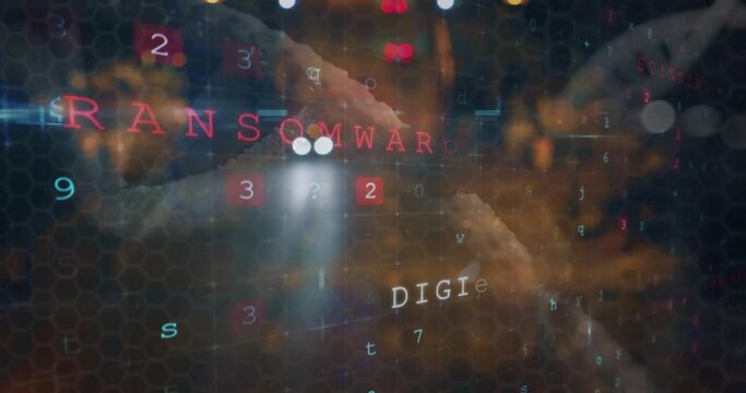 Showing red RANSOMWARE stretching across hexgrid over blurred lights, with floating tiles, DIGI