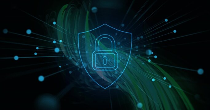 Glowing neon-blue shield with padlock floating over dark network, with green ribbons and cyan nodes
