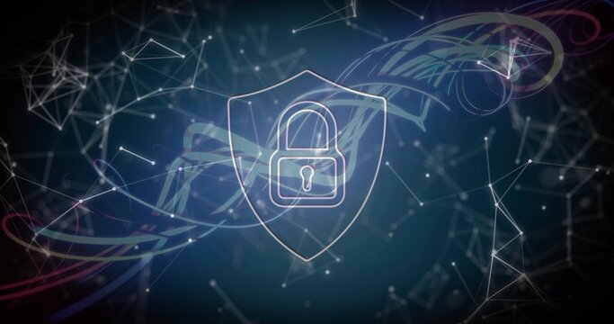 Receiving pulses, central glowing shield with padlock pulsing and defending in cyber network nodes