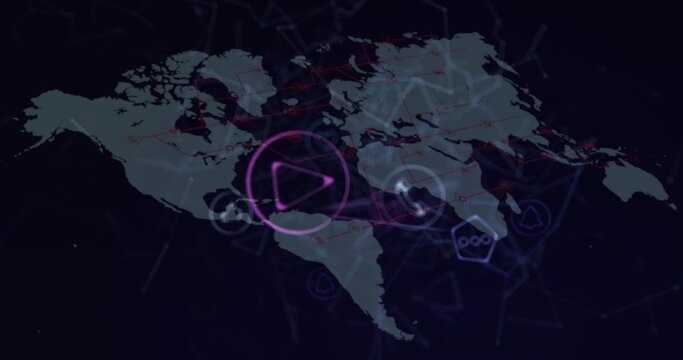Displaying stylized world map on digital dashboard centered on Americas, purple play-button, nodes