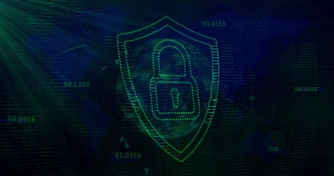 Showing dotted neon-green shield emblem with padlock icon over wire globe, with numeric overlays