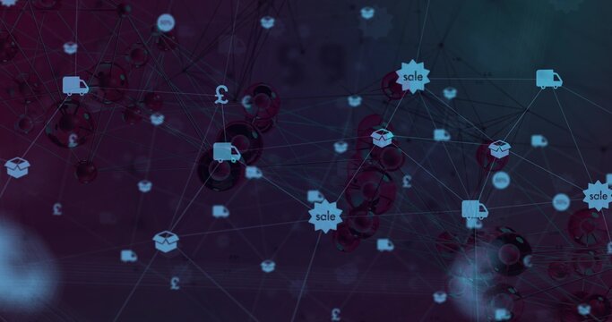 Displaying commerce network on teal purple gradient connecting lines 3D nodes truck box &pound; sale tags