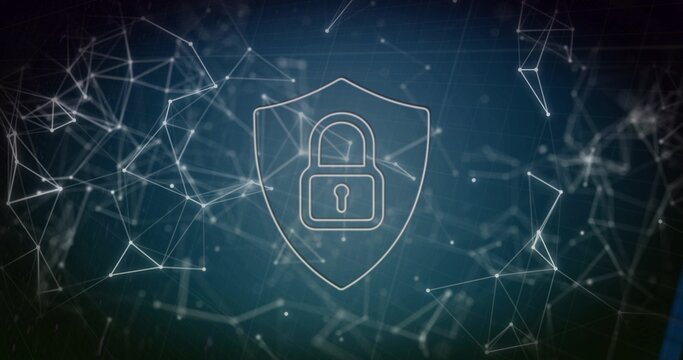 Hovering translucent shield with padlock projecting secure connectivity in teal gradient with nodes
