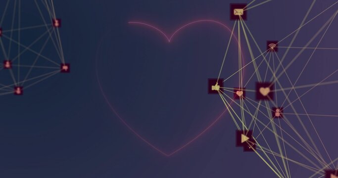 Glowing magenta heart pulsing on purple gradient, with lime lines connecting icon tiles and nodes