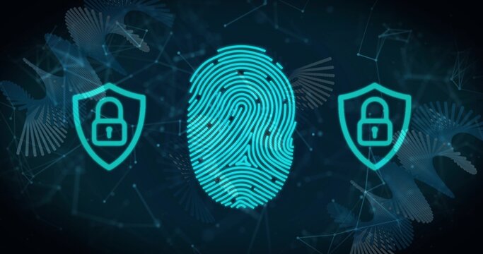 Pulsing cyan fingerprint responding to login on panel, granting access via shield locks