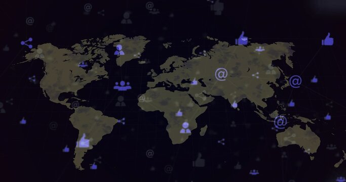 Showing world map projecting thumbs-up and at-sign icons over dark grid plane, glowing connections