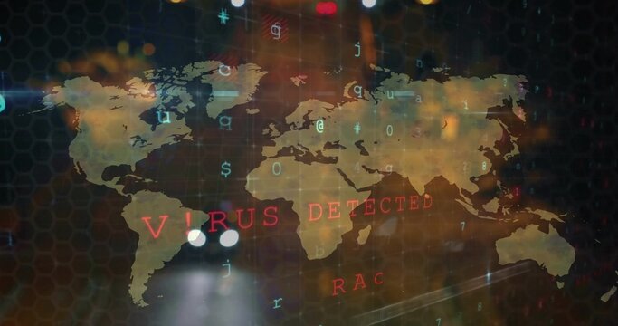 Showing world map overlay flashing VIRUS DETECTED on cyber dashboard after scan, hex grid and code
