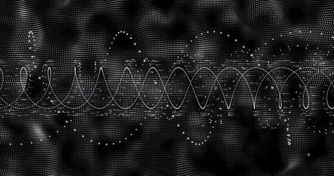 Signal starting, central sinusoidal line and dot-cloud pulsing across digital space, showing data