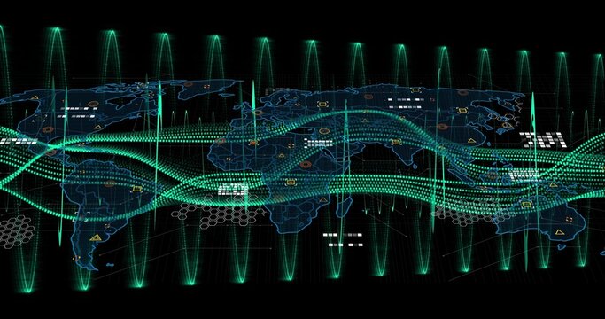 Displaying stylized world map on dark dashboard, streaming teal data ribbons with glowing nodes
