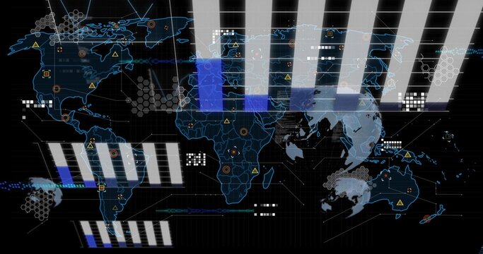 Displaying stylized global map on dark HUD interface, showing hex grid, node markers, yellow alerts