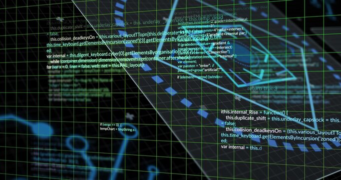 Displaying green wireframe grid and floating code blocks in cyberspace, tracing diagonal node trail
