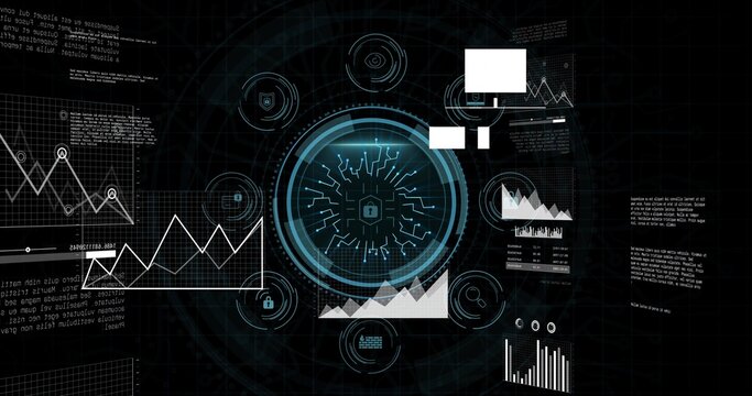 Showing central circular interface with padlock, circuits pulsing on security UI, graphs updating