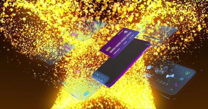 Bursting gold sparks propelling purple phone overlaid by purple card in digital space for demo