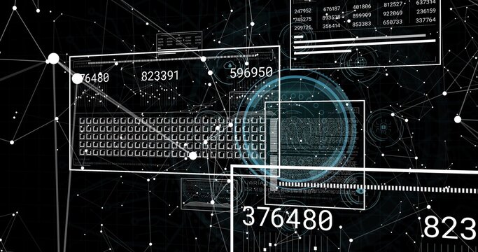 Displaying digital dashboard occupying center on dark grid, showing keyboard schematic HUD