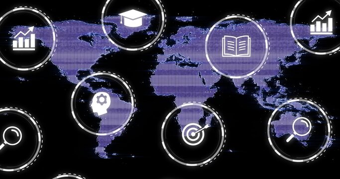 Displaying dotted purple world map on black backdrop, showing circular UI rings, scanline glitches