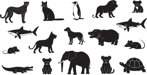 Animal silhouette illustration collection, cheetah cat penguin lion koala shark dog hippo mouse crocodile elephant turtle minimalist artwork © MDKhademul