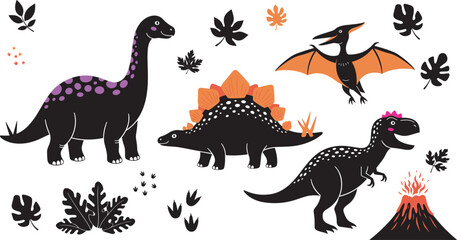 Colorful dinosaur illustration, Brachiosaurus Stegosaurus Pteranodon Tyrannosaurus, erupting volcano, prehistoric leaves footprints © MDKhademul