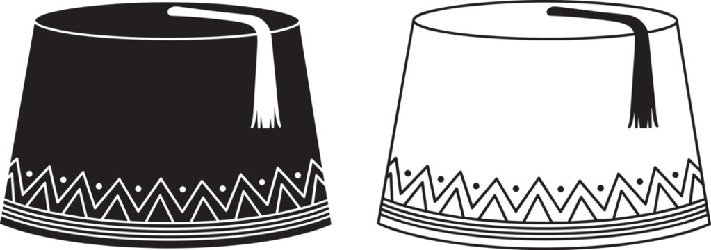 Fez hat illustration, traditional cultural headwear, black white contrast design, tassel artwork, decorative zigzag pattern concept