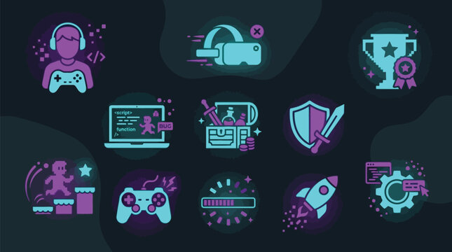 Collection of neon-glowing icons representing various aspects of video game development and gaming culture.