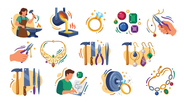 Collection of illustrations depicting the intricate process of jewelry making, from raw material casting to final design and crafting.
