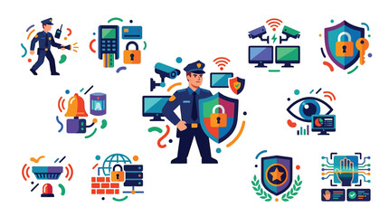 Fototapeta premium Security guard with shield surrounded by icons representing surveillance, access control, and digital protection.