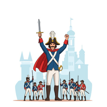 Vector illustration of a Napoleonic-era general celebrating victory with his soldiers in front of a European castle silhouette, featuring blue uniforms, red capes, and bicorne hats.