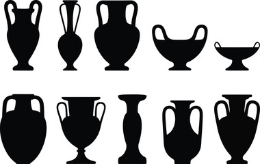 Ancient greek pottery silhouettes collection of various vase shapes amphora krater and hydria icons. © Iconic lab 