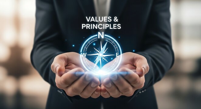 Company values and principles concept. An anonymous professional's cupped hands hold a holographic compass with the needle locked on North, representing core values.