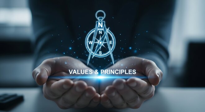 Company values and principles concept. An anonymous professional's cupped hands hold a holographic compass with the needle locked on North, representing core values.