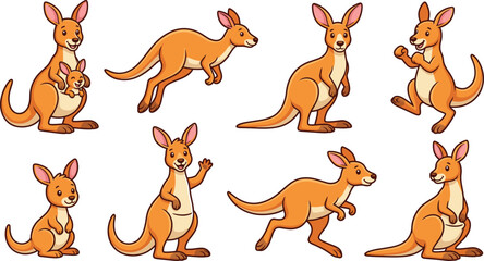Fototapeta premium Kangaroo cartoon set featuring cute marsupial animals, jumping and standing poses, wildlife characters in colorful flat vector illustration style