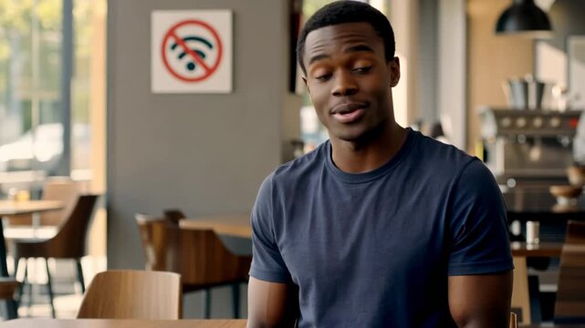 This shows a young man in a cafe struggling with technical difficulties on his phone while watching a . He appears frustrated and annoyed as he experiences an error with his wifi connection.