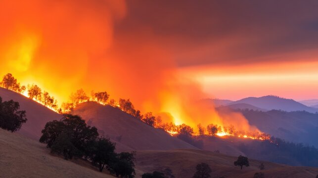 A dramatic landscape features a wildfire burning across hills under a vibrant orange sky