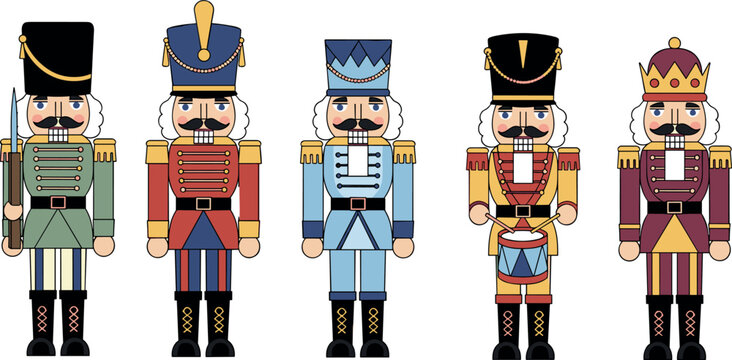 Classic Colorful Christmas Nutcracker Soldier Set in Festive Uniforms for Holiday Decoration, Xmas Card, Winter Season, and Traditional Celebration Designs