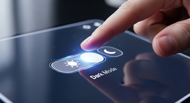 Dark mode activation. A close-up of a finger toggling a holographic switch from a 'sun' icon to a 'moon' icon, activating dark mode on a clean interface.