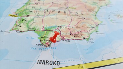 Naklejka premium View of Algeciras, Municipality and city in the province of Cadiz, Spain, on a geographical map of Europa, marked with red push pin