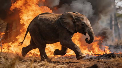 Fototapeta premium A baby elephant running away from intense forest fire and smoke. Dramatic scene of wildlife escaping wildfire.
