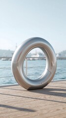 Fototapeta premium Metallic torus shape on wooden pier by the water during a sunny day