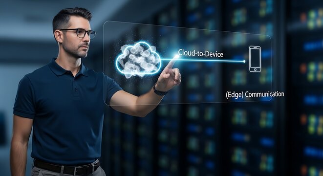 Cloud to device communication (edge computing). An IT professional's hand traces a line from a holographic cloud icon to a smartphone icon.