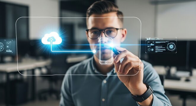 Cloud to device communication (edge computing). An IT professional's hand traces a line from a holographic cloud icon to a smartphone icon.