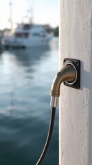 Fototapeta premium Charging station for boats on a pier near the water at sunset