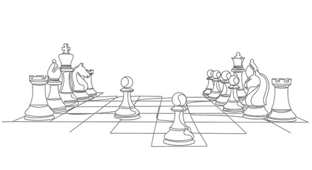 Chessboard strategy, black and white pawns facing each other, strategic game, abstract line art. © Ahmad