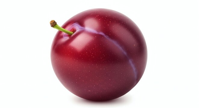 A vibrant red plum with a green stem on a white background