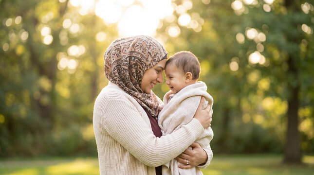 Mothers Day Middle Eastern mom touching foreheads with baby outdoors showing connection love joy perfect for celebration greeting card magazine cover editorial commercial content materials background