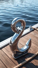 Fototapeta premium Shiny chrome hook on a wooden dock with blue water