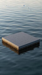 Fototapeta premium Square platform floating on calm water at sunset reflects