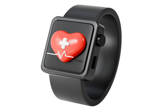 3d black smartwatch icon. heart health concept. minimal cartoon smart watch with medical pulse symbol for health monitoring. isolated on white transparent background. 3d render.