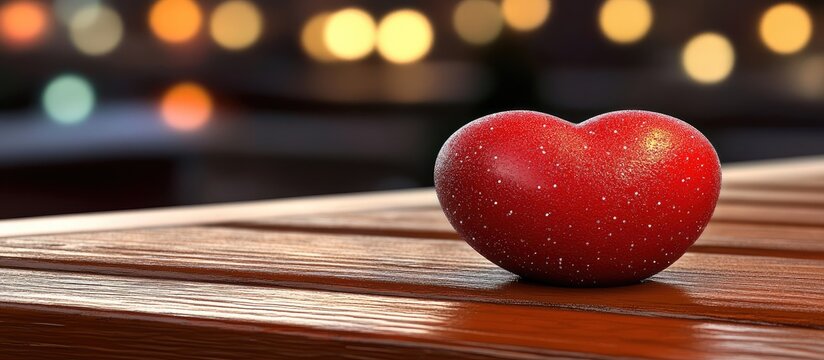 Heart-shaped fruit on wood, night lights
