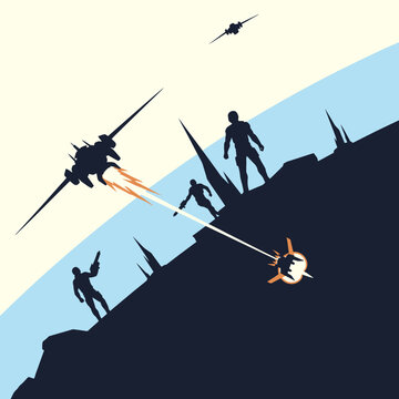 Silhouette illustration of a futuristic space battle on a steep mountain ridge featuring soldiers with blasters and starships firing lasers under a diagonal blue and white sky.