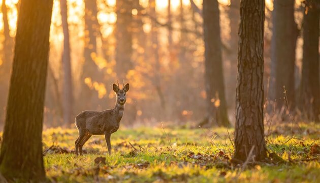 Majestic Roe Deer Standing in Golden Forest Sunlight at Dawn.